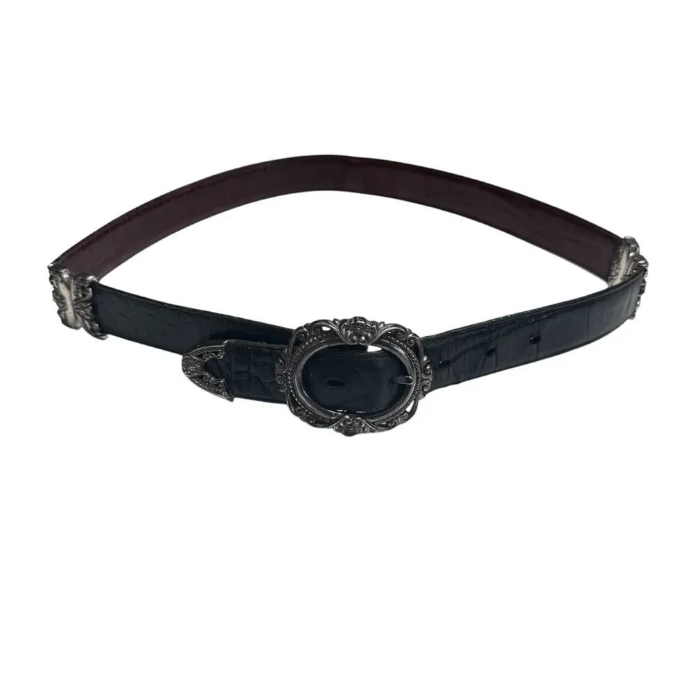 Vintage Reversible Leather Belt Brown Black Ornate Silvertone Embellishments L